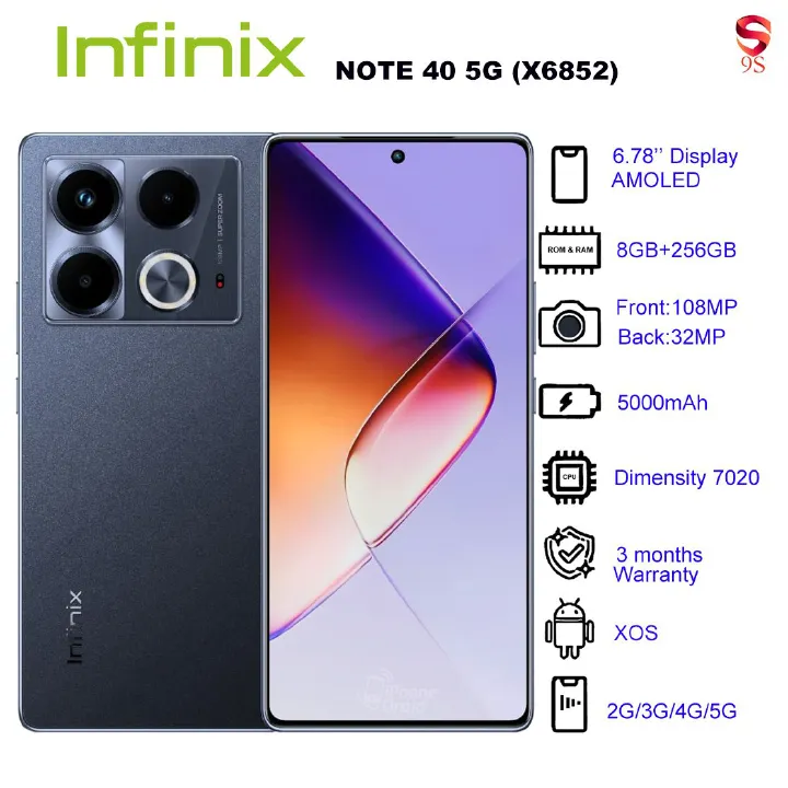 Refurbished Phone Infinix NOTE 40 5G (X6852) 8GB RAM + 256GB ROM Obsidian Black 6.78 inch Display Dual SIM 32M Front Camera 108M Back Camera 5000mAh Battery 3 Months Warranty_12027792