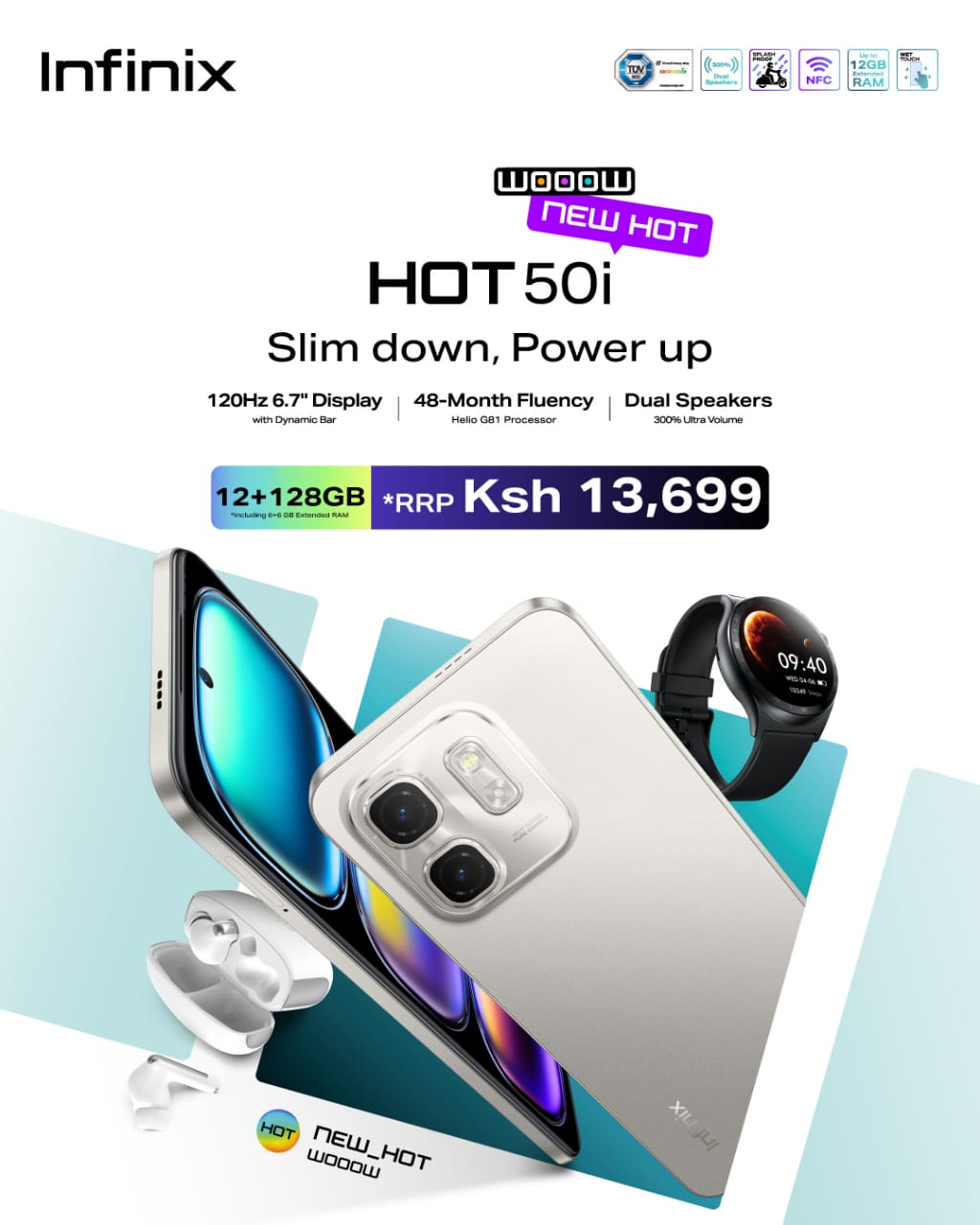 {LIMITED OFFER} New Arrival Infinix Hot 50i 4G, Screen 6.78-inch 120Hz,12 GB(6+6)RAM+128GB ROM' Battery: 5000mAh, 18W Wired, Dual SIM (Nano-SIM, dual stand-by), Ultra Sleek 48 MP Camera Smart Phones