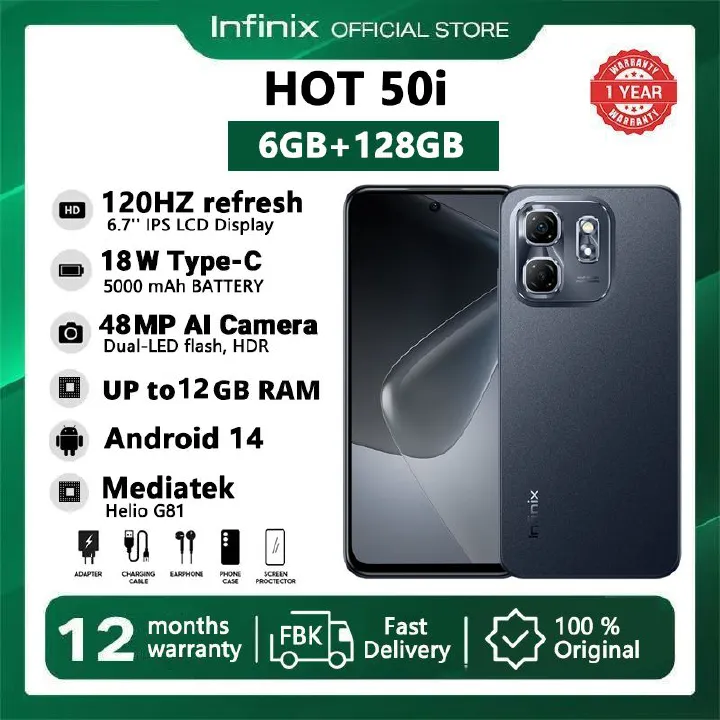 {LIMITED OFFER} Infinix Hot 50i 128GB ROM +12 GB(6+6)RAM 4G, Screen 6.78-inch 120Hz,' Battery: 5000mAh, 18W Wired, Dual SIM (Nano-SIM, dual stand-by), Ultra Sleek 48 MP Camera Smart Phones