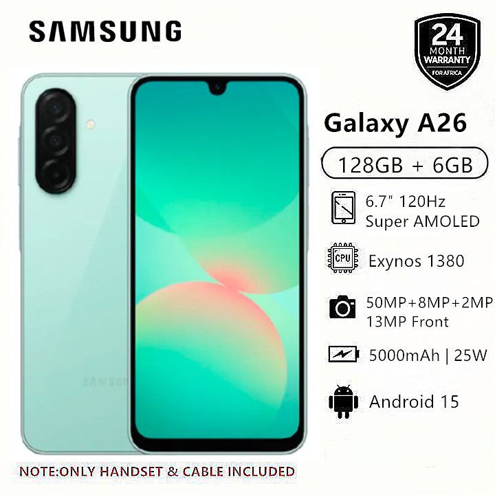 [New Arrival] Samsung Galaxy A26 5G 128GB+6GB 6.7" 120Hz Super AMOLED Display 50MP+13MP Cameras Exynos 1380 Chipset 5000mAh Battery 25W Fast Charge IP67 Dust/Water Resistant Smart Phone