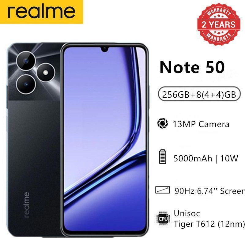 BRAND NEW Realme Note 50 3GB/64GB – 6.74″ IPS LCD 90Hz display, 13MP + aux rear cam, 5MP selfie, Unisoc T612, 5000mAh battery, Android 13 Realme UI T, dual SIM, 64-256GB storage options.