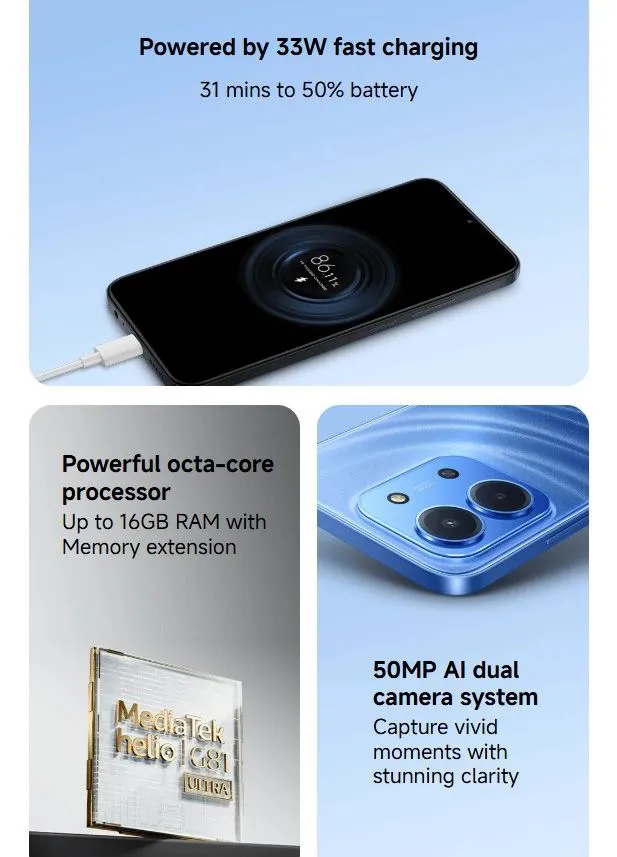 REDMI 15C 128GB Storage Upto 8(4+4)GB Ram 6.9'' FHD Immersive Display 50MP Main Cam +8MP front 6000mAh 33W Fast Charger Xiaomi Hyper OS Side Fingerprint Smartphone smart phones