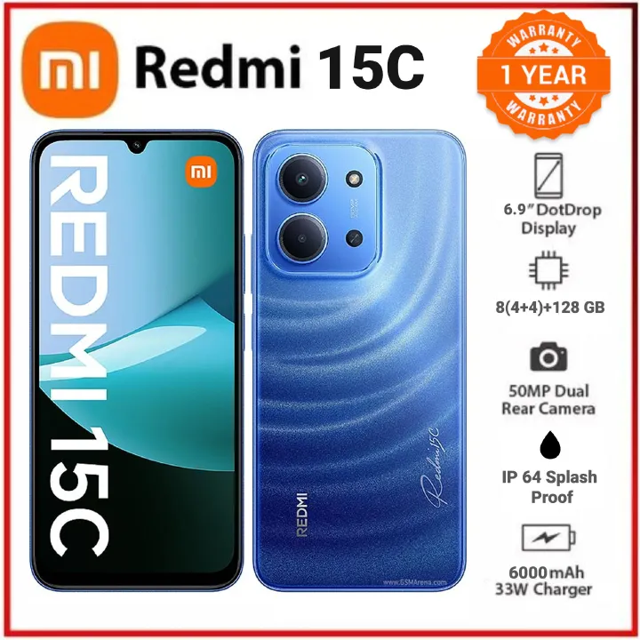 REDMI 15C 128GB Storage Upto 8(4+4)GB Ram 6.9'' FHD Immersive Display 50MP Main Cam +8MP front 6000mAh 33W Fast Charger Xiaomi Hyper OS Side Fingerprint Smartphone smart phones