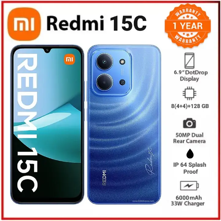 REDMI 15C 128GB Storage Upto 8(4+4)GB Ram 6.9'' FHD Immersive Display 50MP Main Cam +8MP front 6000mAh 33W Fast Charger Xiaomi Hyper OS Side Fingerprint Smartphone smart phones