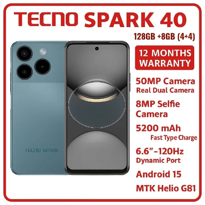 Tecno Spark 40 128GB + 8GB(4+4GB EXTENDED) 6.67'' Hole Screen Camera 50MP Main Camera 8MP Front Camera 45W Super Charging 5200mAh Battery Side Fingerprint smartphone + FREE GIFT GIFTS JUST FOR YOU
