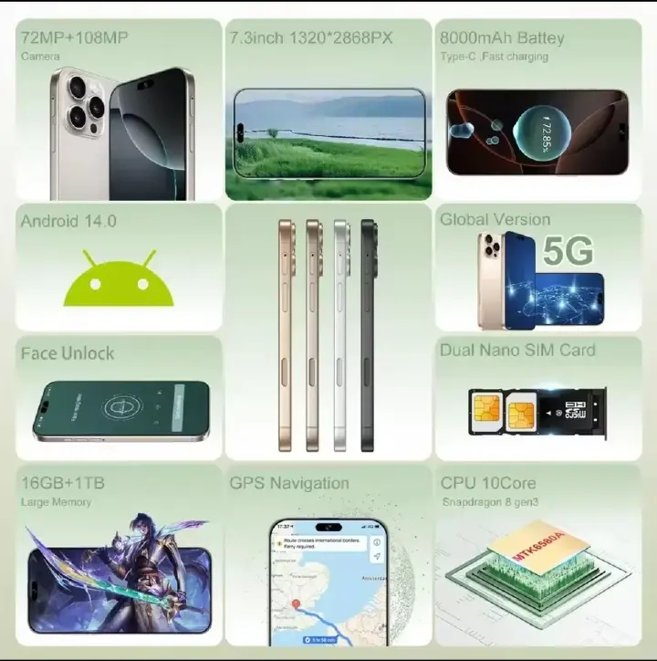 Calus 16 Pro Max Android 14 smartphone 128gb Rom + 8gb Ram 6.6 inches IPS LCD screen display 5200mAh battery capacity OCTA-CORE Processor 26mp dual main camera+ 13mp selfie android smartphone