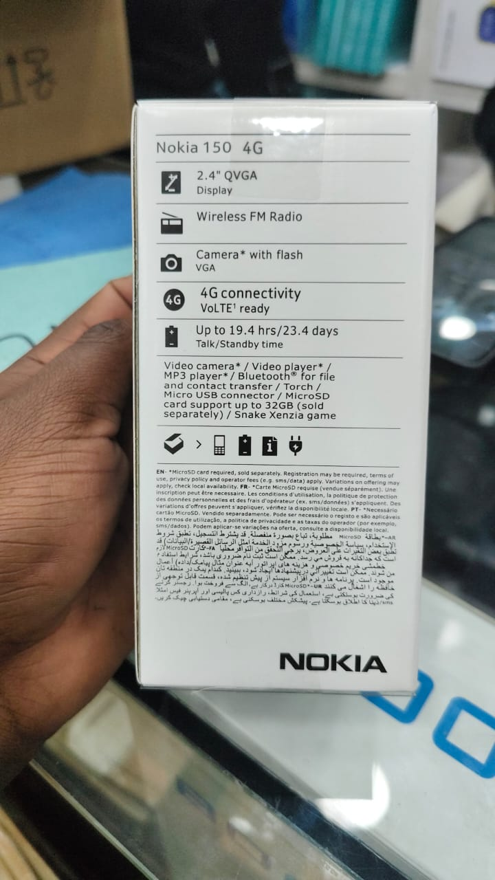 Original Nokia 150 4G (2023) 0.3MP FM radio 2.4" SCREEN DISPLAY Dual SIM 1400mAh BATTERY CAPACITY WITH Flashlight
Splash & dust resistant Mobile Phone Featured Phones