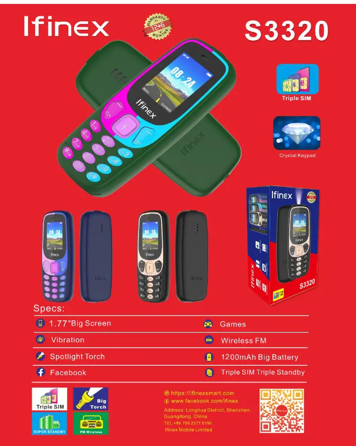 BRAND NEW IFINEX S3320 TRIPLE SIM CARD PHONE 1.77 inch Display 1200mAh BATTERY WITH BLUETOOTH Vibrator/Wireless FM/ MP3/MP4/Big Torch/ Auto callrecording Cell Featured phone