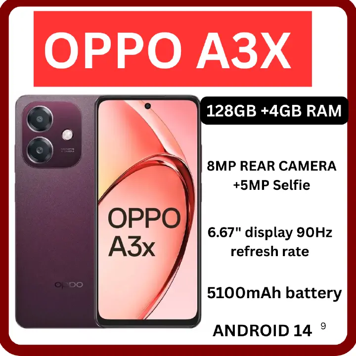 [Brand New] OPPO A3x 4GB RAM+ 128GB ROM 6.67" 90Hz Snapdragon 6s 4G Gen1 Android 14 45W 5100mAh Type-C Charge Smart Phones Side Fingerprint and Face Unlock phone