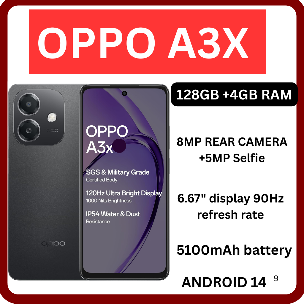 [Brand New] OPPO A3x 4GB RAM+ 128GB ROM 6.67" 90Hz Snapdragon 6s 4G Gen1 Android 14 45W 5100mAh Type-C Charge Smart Phones Side Fingerprint and Face Unlock phone