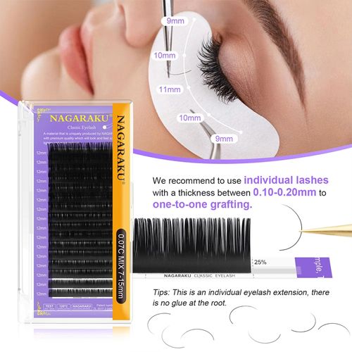 16Rows Classic Individual Eyelash Extension Lashes Matte Black Professional  MIX 7-15MM Soft Natural Curl Faux Mink Eyelashes Extension Individual Eyelashes Artificial Fake False Eyelashes