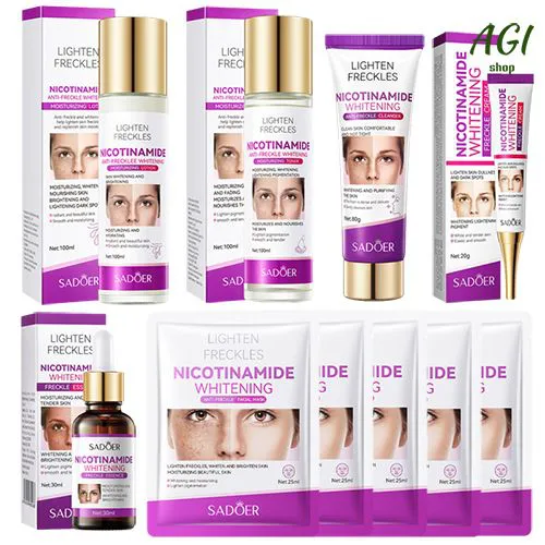 Face Skin Care Set Nicotinamide Whitening Freckles Cream + Facial Cleanser + Moisturizing lotion + Face Essence + Face Toner + Masks 5 Pcs  Remove Melasma Dark Spot Acne Marks Brightening Skin Tone