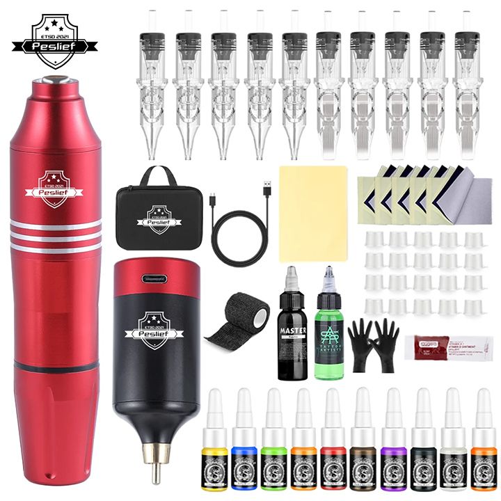 New Arrivals 55 Pcs Tattoo Gun Kit Professional Wireless Rotary Tattoo Machine - Kit Tattoo Pen Kit 
with 10Pcs Cartridge Needles Complete Set Suitable for Tattoo Artists, Beginners Professionals