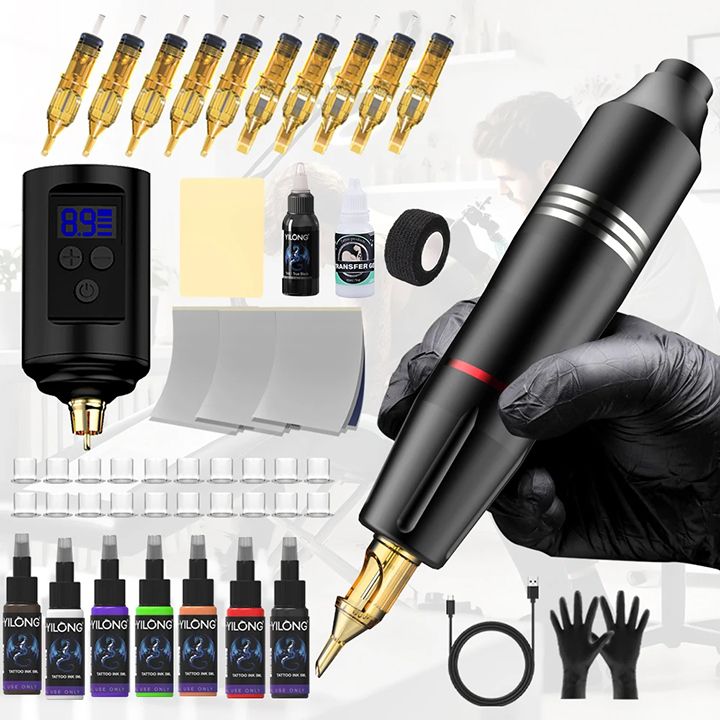 New Arrivals 55 Pcs Tattoo Gun Kit Professional Wireless Rotary Tattoo Machine - Kit Tattoo Pen Kit 
with 10Pcs Cartridge Needles Complete Set Suitable for Tattoo Artists, Beginners Professionals
