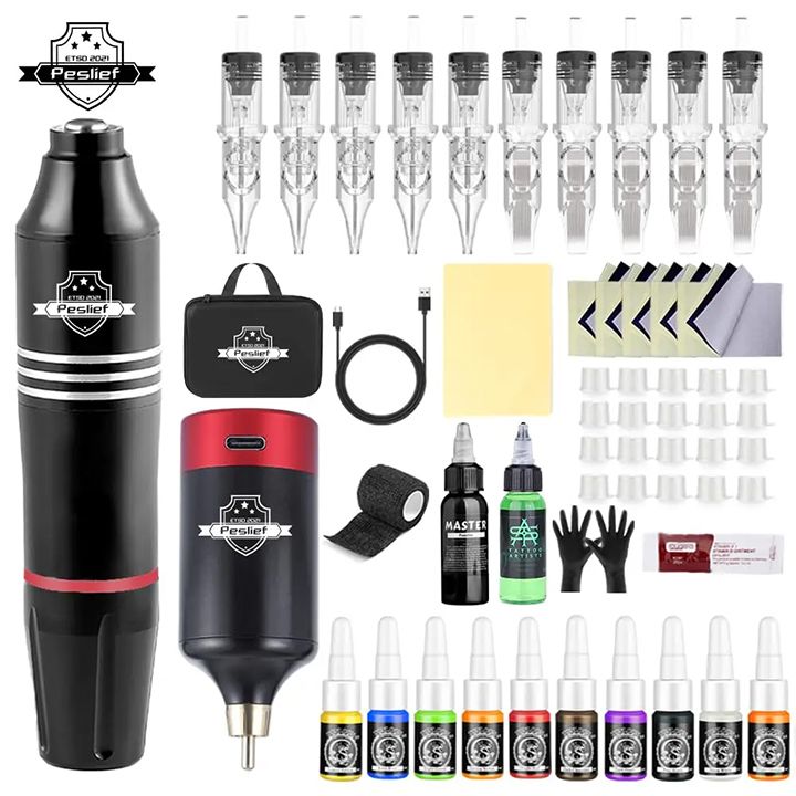New Arrivals 55 Pcs Tattoo Gun Kit Professional Wireless Rotary Tattoo Machine - Kit Tattoo Pen Kit 
with 10Pcs Cartridge Needles Complete Set Suitable for Tattoo Artists, Beginners Professionals