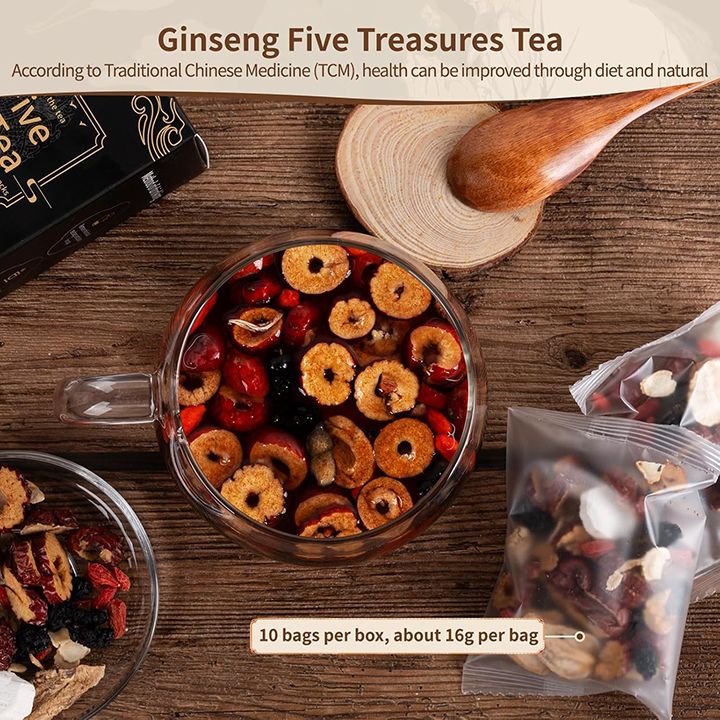 Ginseng Five Treasures Kidney Tea, Traditional Chinese Herbal TeaBags, Natural Organic Kidney Cleanse Detox Tea for Women & Men, 7 Precious Ingredients Formula