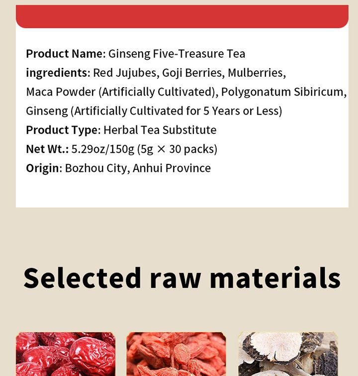 Ginseng Five Treasures Kidney Tea, Traditional Chinese Herbal TeaBags, Natural Organic Kidney Cleanse Detox Tea for Women & Men, 7 Precious Ingredients Formula