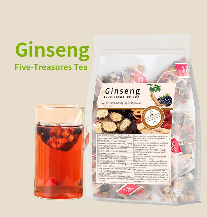Ginseng Five Treasures Kidney Tea, Traditional Chinese Herbal TeaBags, Natural Organic Kidney Cleanse Detox Tea for Women & Men, 7 Precious Ingredients Formula