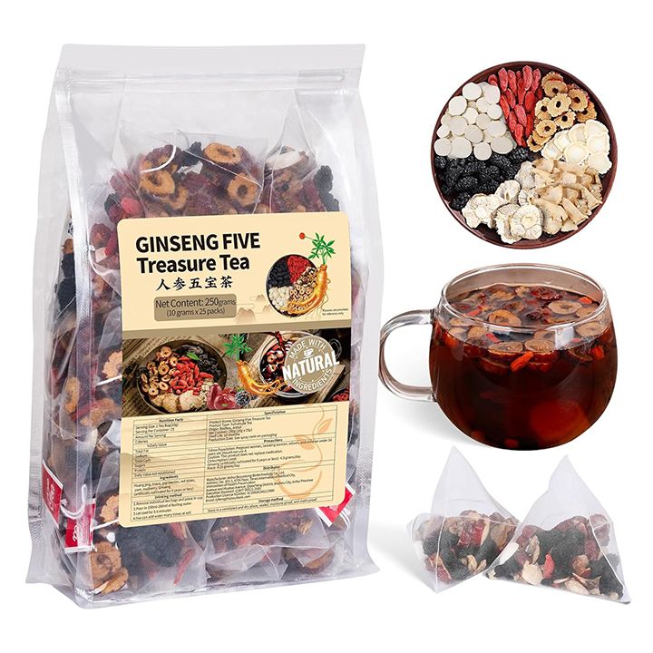 Ginseng Five Treasures Kidney Tea, Traditional Chinese Herbal TeaBags, Natural Organic Kidney Cleanse Detox Tea for Women & Men, 7 Precious Ingredients Formula
