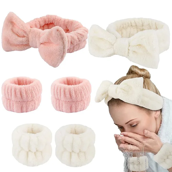 3PCS Face Wash Wristbands Headband Makeup Hair Care Headband Wash Headband for Washing Your Face Hair Bands Women Coral Fleece Hair Bands Cuff Waterproof Bands Absorbent Wristbands Head Band