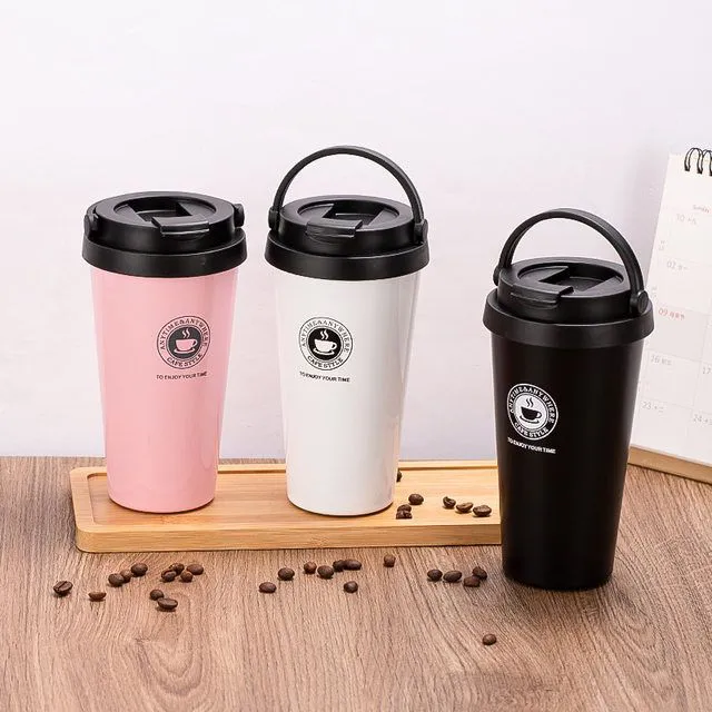 1 pc classy high quality kitchen Thermo mug Black Cover Stainless Steel Double Wall Vacuum Insulated Travel Coffee Mug with Handle/Portable Thermal Cup, Wide Mouth Tumbler with Lid, 500ml
