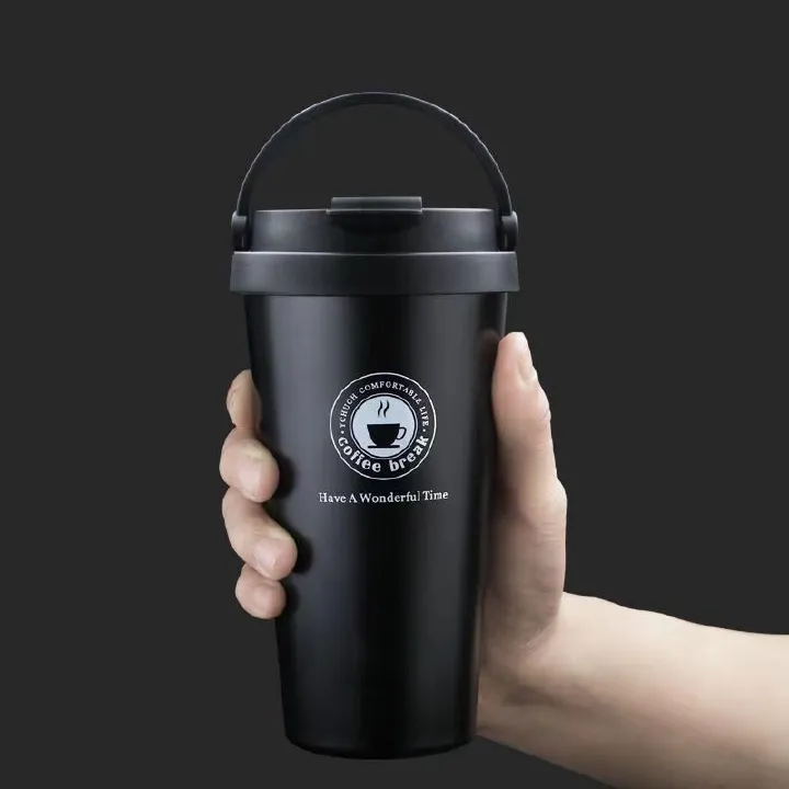 1 pc classy high quality kitchen Thermo mug Black Cover Stainless Steel Double Wall Vacuum Insulated Travel Coffee Mug with Handle/Portable Thermal Cup, Wide Mouth Tumbler with Lid, 500ml