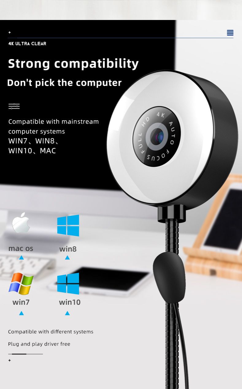 Webcams New720P 1080P 2K 4K Full HD Web Camera Built Microphone USB WebCam with Ring Fill Light For PC Computer Adjustable Gooseneck Webcam