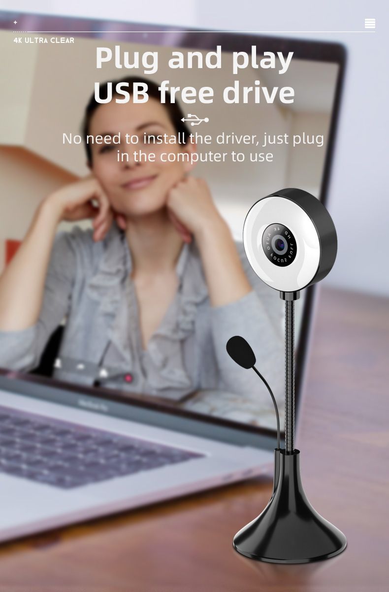 Webcams New720P 1080P 2K 4K Full HD Web Camera Built Microphone USB WebCam with Ring Fill Light For PC Computer Adjustable Gooseneck Webcam