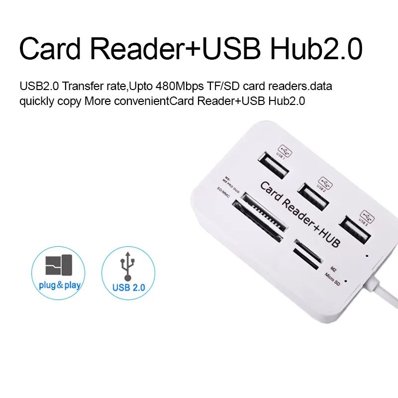 Hubs Card Reader and 3 Ports USB Hubs High Speed External Memory Card Reader (MS Micro SD SD/MMCM2TF Card) White