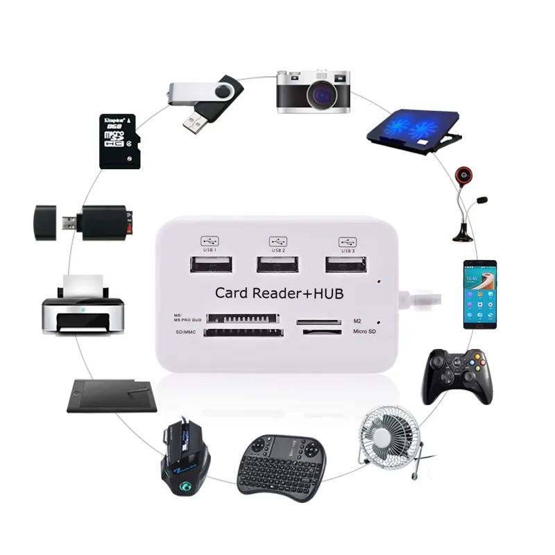 Hubs Card Reader and 3 Ports USB Hubs High Speed External Memory Card Reader (MS Micro SD SD/MMCM2TF Card) White