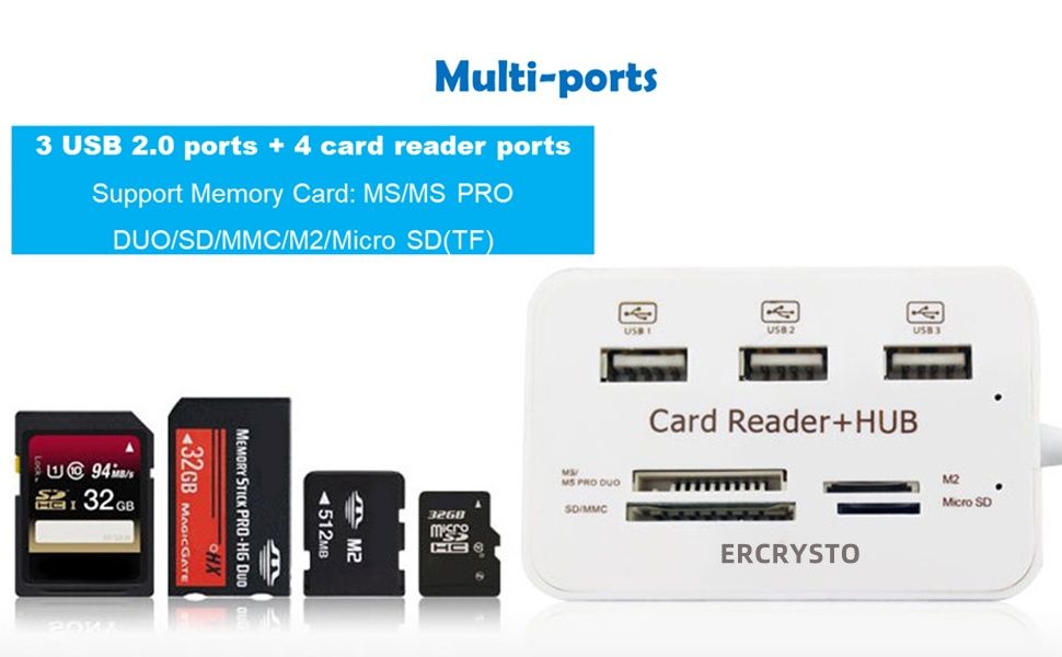 Hubs Card Reader and 3 Ports USB Hubs High Speed External Memory Card Reader (MS Micro SD SD/MMCM2TF Card) White