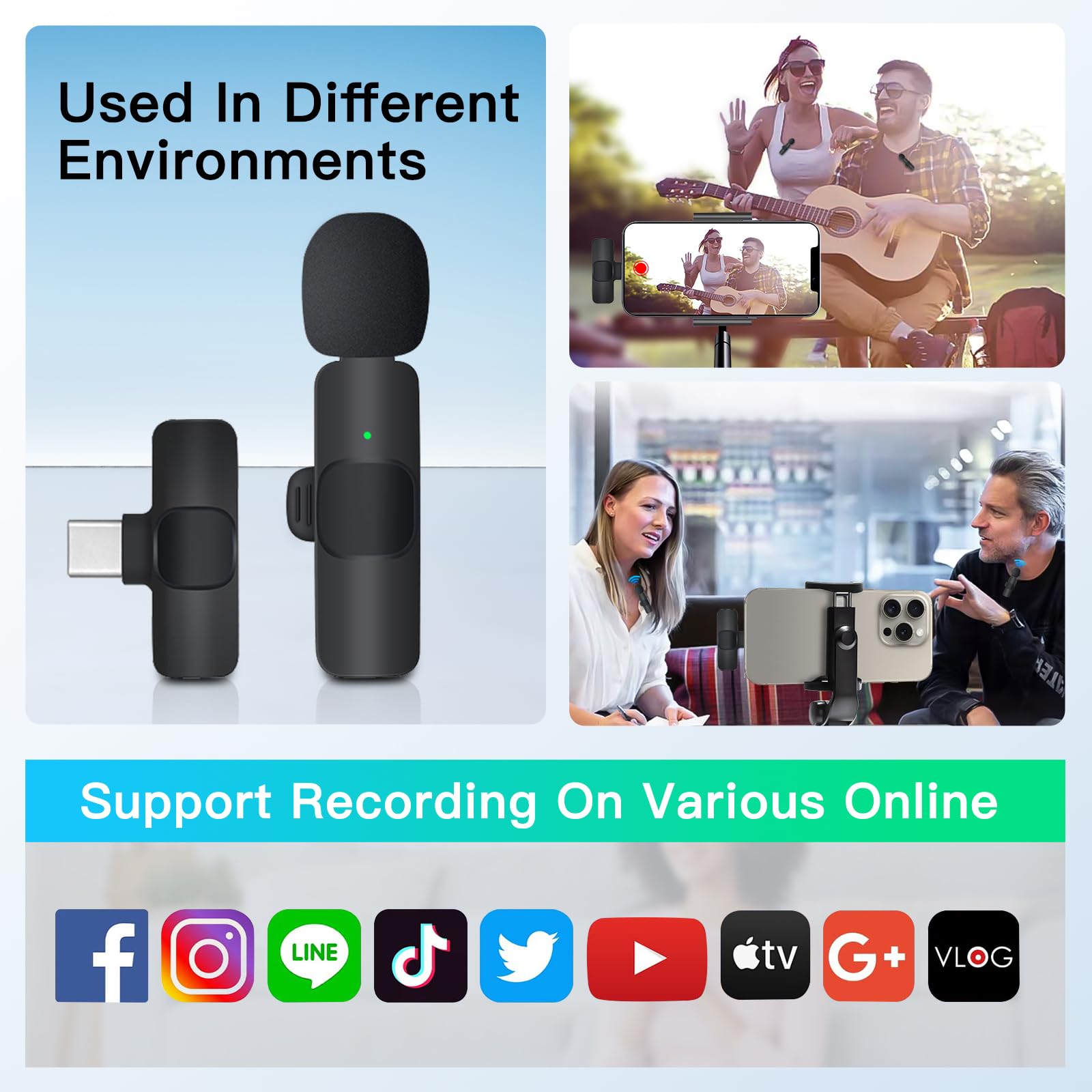 K9 Type-C Wireless Bluetooth Lavalier Microphones Portable Audio Video Recording Mini Mic for Phone Live Broadcast Gaming Mic Wireless Microfone for TIKTOK Youtube FacebookGame Photo Video Accessories