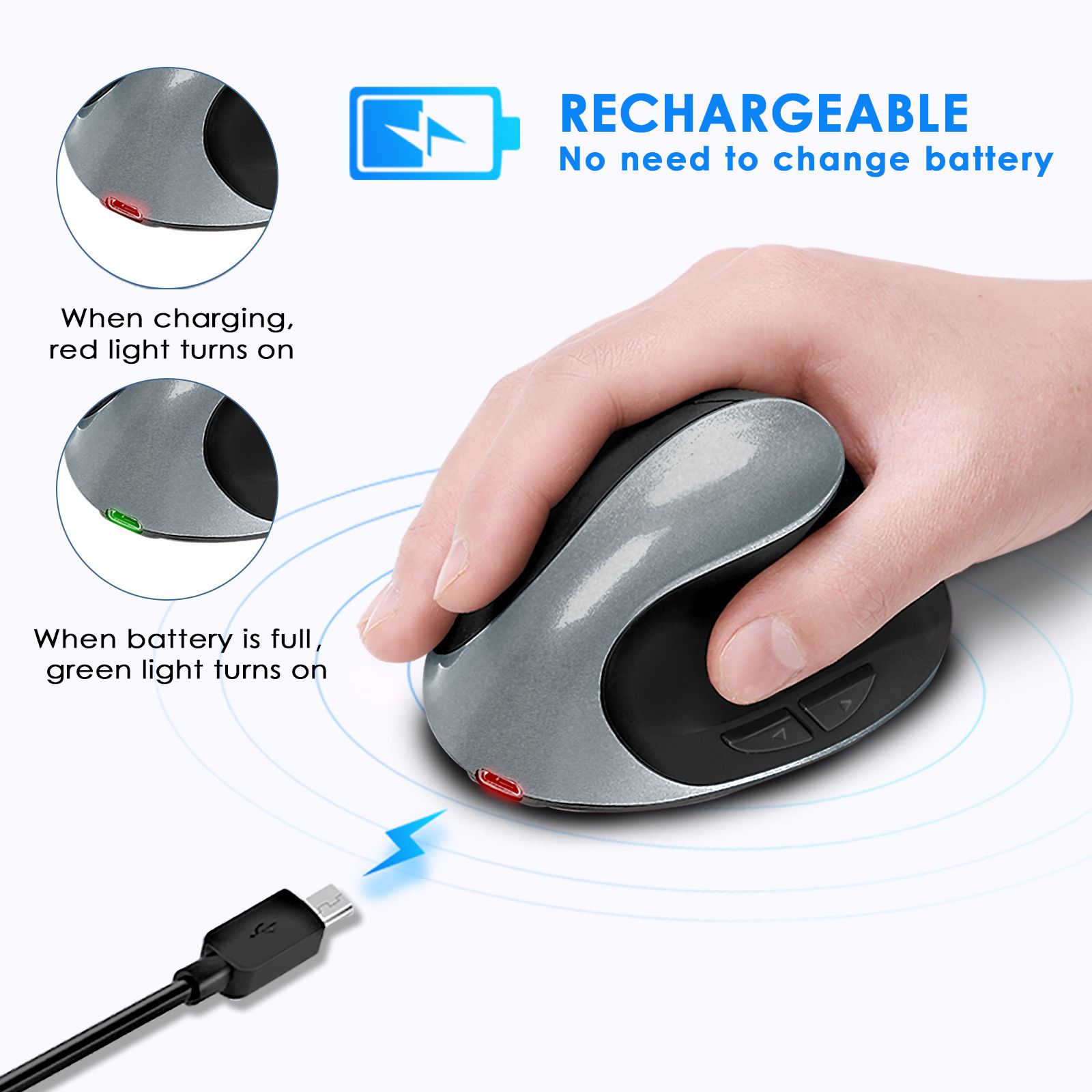 Wireless Bluetooth Mouse Rechargeable Dual Mode (Bluetooth 5.0 + USB)vertical mouse Wireless Mouse 2.4G High Precision Ergonomic Optical Mice with 3 Adjustable DPI 800/ 1200/ 1600 ， 6 Buttons