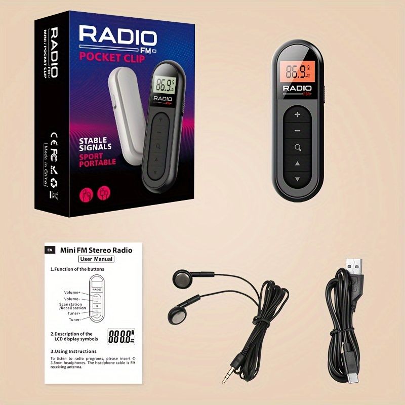 Ultra-Portable Hands-Free FM Radio Neck Clip  Quick-Charging High-Quality Sound for Sports Tours & More - Rechargeable Compact & Lightweigh