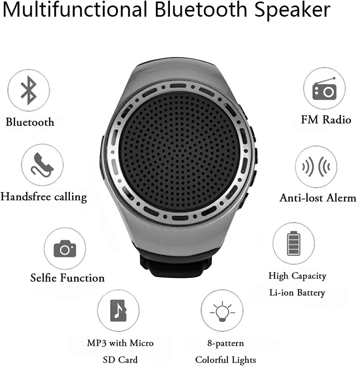 Portable BT Waterproof Wearable Speaker Watch with TWS+Voice Control+LED Flashing Light+MP3 Music Player+Mic