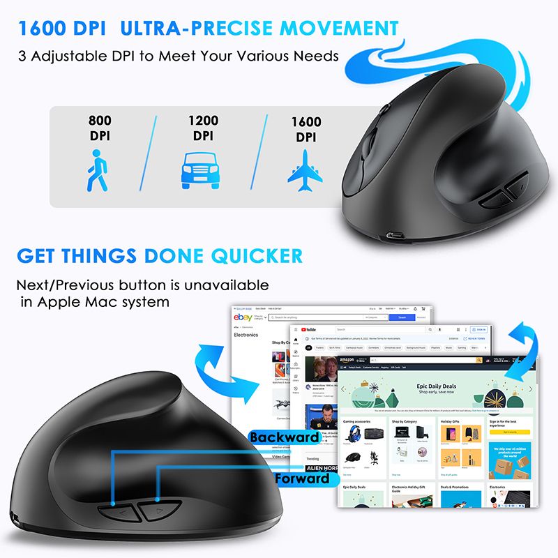 Wireless Bluetooth Mouse Rechargeable Dual Mode (Bluetooth 5.0 + USB)vertical mouse Wireless Mouse 2.4G High Precision Ergonomic Optical Mice with 3 Adjustable DPI 800/ 1200/ 1600 ， 6 Buttons