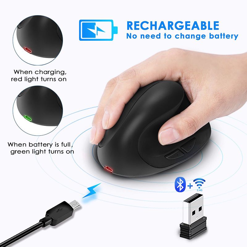 Wireless Bluetooth Mouse Rechargeable Dual Mode (Bluetooth 5.0 + USB)vertical mouse Wireless Mouse 2.4G High Precision Ergonomic Optical Mice with 3 Adjustable DPI 800/ 1200/ 1600 ， 6 Buttons