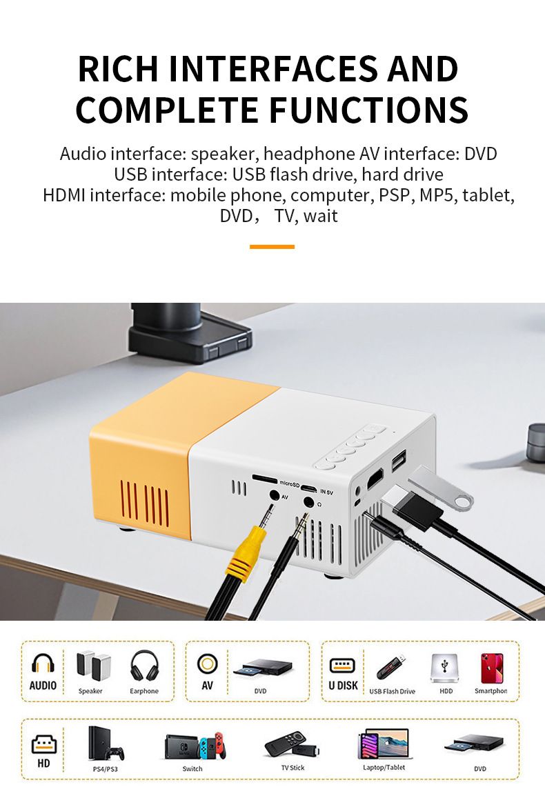 YG300 Mini Mobile HD Projector Portable Home Theater Projector with USB HD Video 1080p Smart Projector