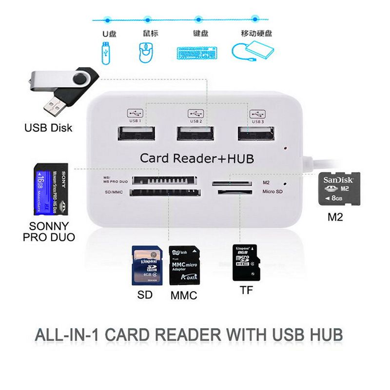 Hubs Card Reader and 3 Ports USB Hubs High Speed External Memory Card Reader (MS Micro SD SD/MMCM2TF Card) White