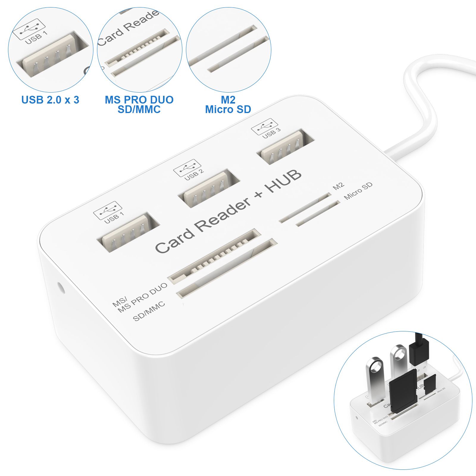 Hubs Card Reader and 3 Ports USB Hubs High Speed External Memory Card Reader (MS Micro SD SD/MMCM2TF Card) White