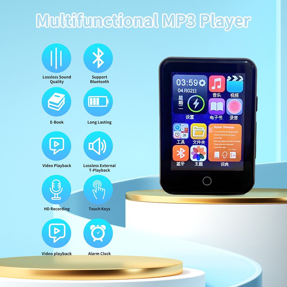 MP4 player with Bluetooth touch screen Student MP3 portable music player Supports listening to music watching videos voice recorder (wav) and e-books (txt format) Built-in 16GB+128G card