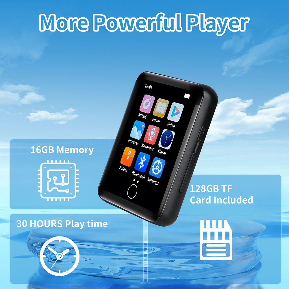 MP4 player with Bluetooth touch screen Student MP3 portable music player Supports listening to music watching videos voice recorder (wav) and e-books (txt format) Built-in 16GB+128G card