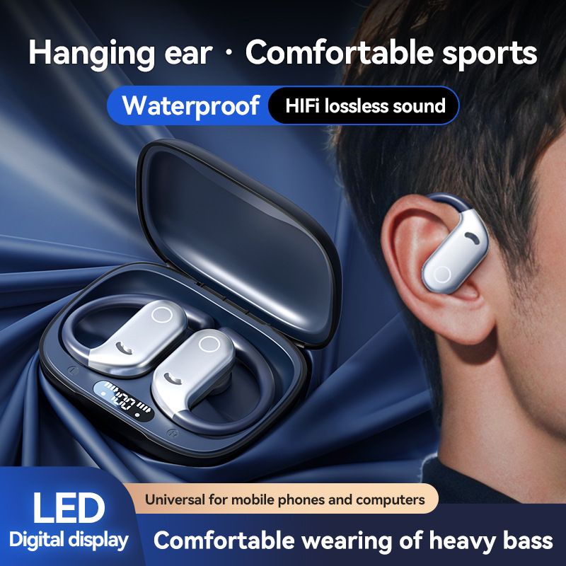 New color blocking hanging ear Bluetooth earphones with long battery life and noise reduction digital display screen and low latency