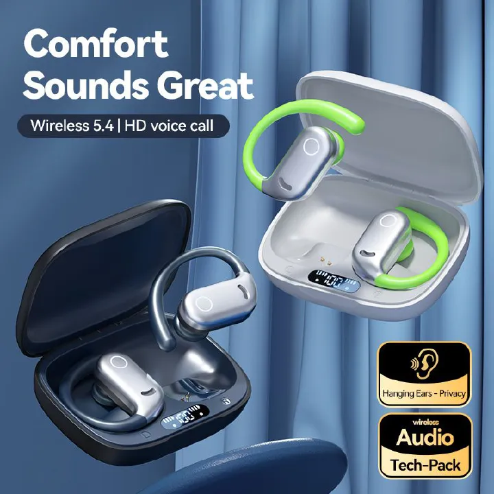 New color blocking hanging ear Bluetooth earphones with long battery life and noise reduction digital display screen and low latency