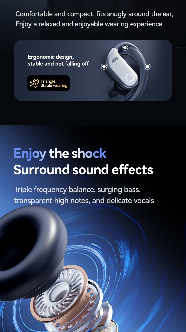 New color blocking hanging ear Bluetooth earphones with long battery life and noise reduction digital display screen and low latency
