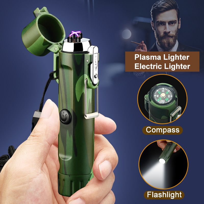 Waterproof and windproof double arc with compass flashing light for help signal outdoor flashlight lighter rechargeable USB igniter