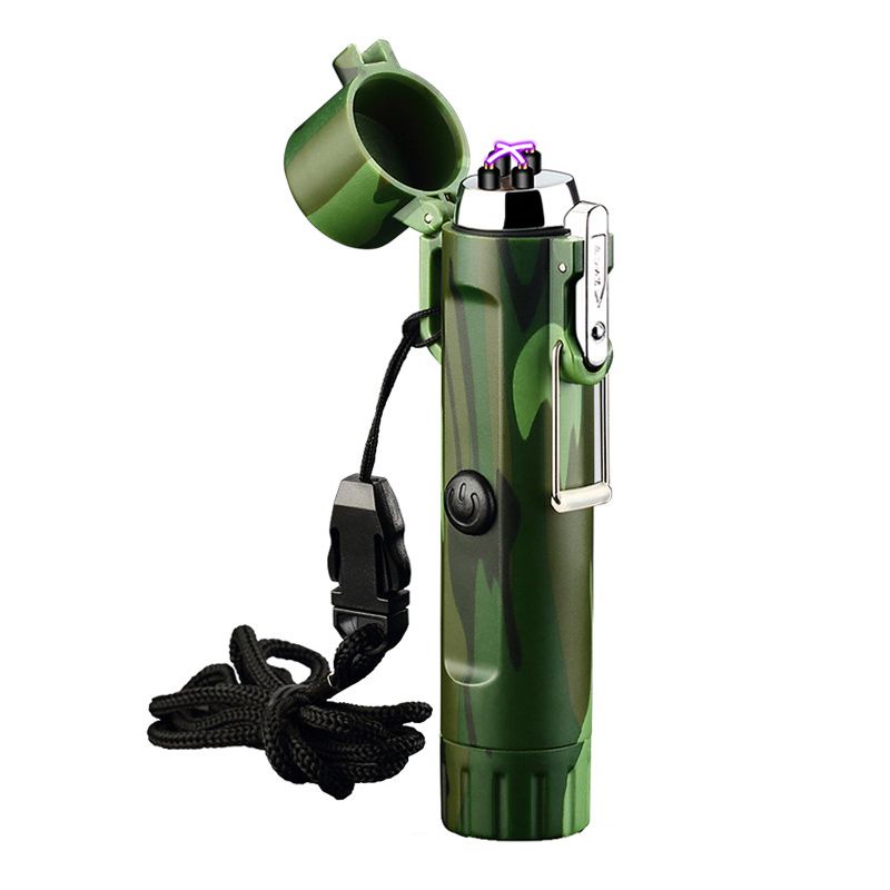 Waterproof and windproof double arc with compass flashing light for help signal outdoor flashlight lighter rechargeable USB igniter