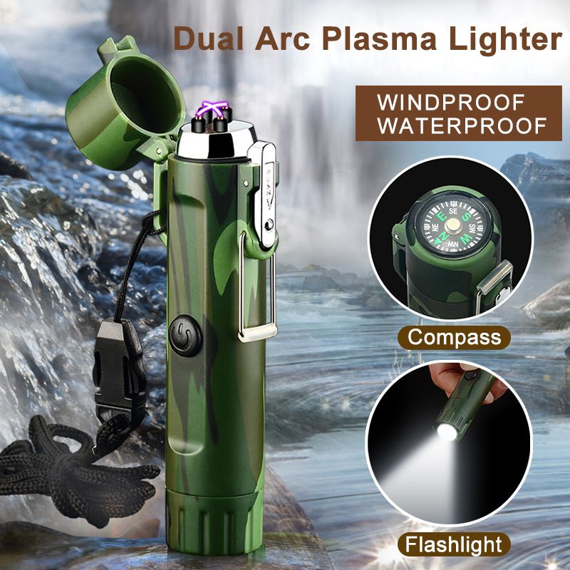 Waterproof and windproof double arc with compass flashing light for help signal outdoor flashlight lighter rechargeable USB igniter