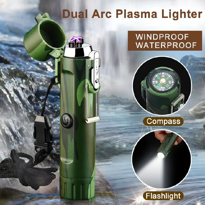 Waterproof and windproof double arc with compass flashing light for help signal outdoor flashlight lighter rechargeable USB igniter