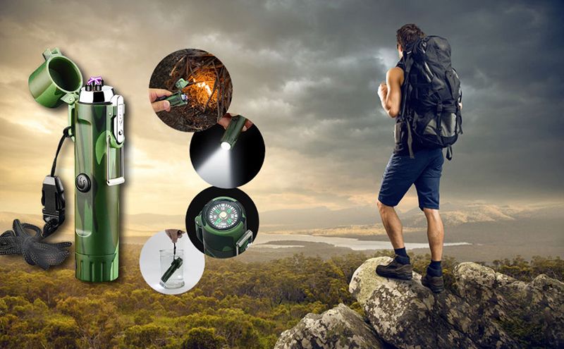 Waterproof and windproof double arc with compass flashing light for help signal outdoor flashlight lighter rechargeable USB igniter